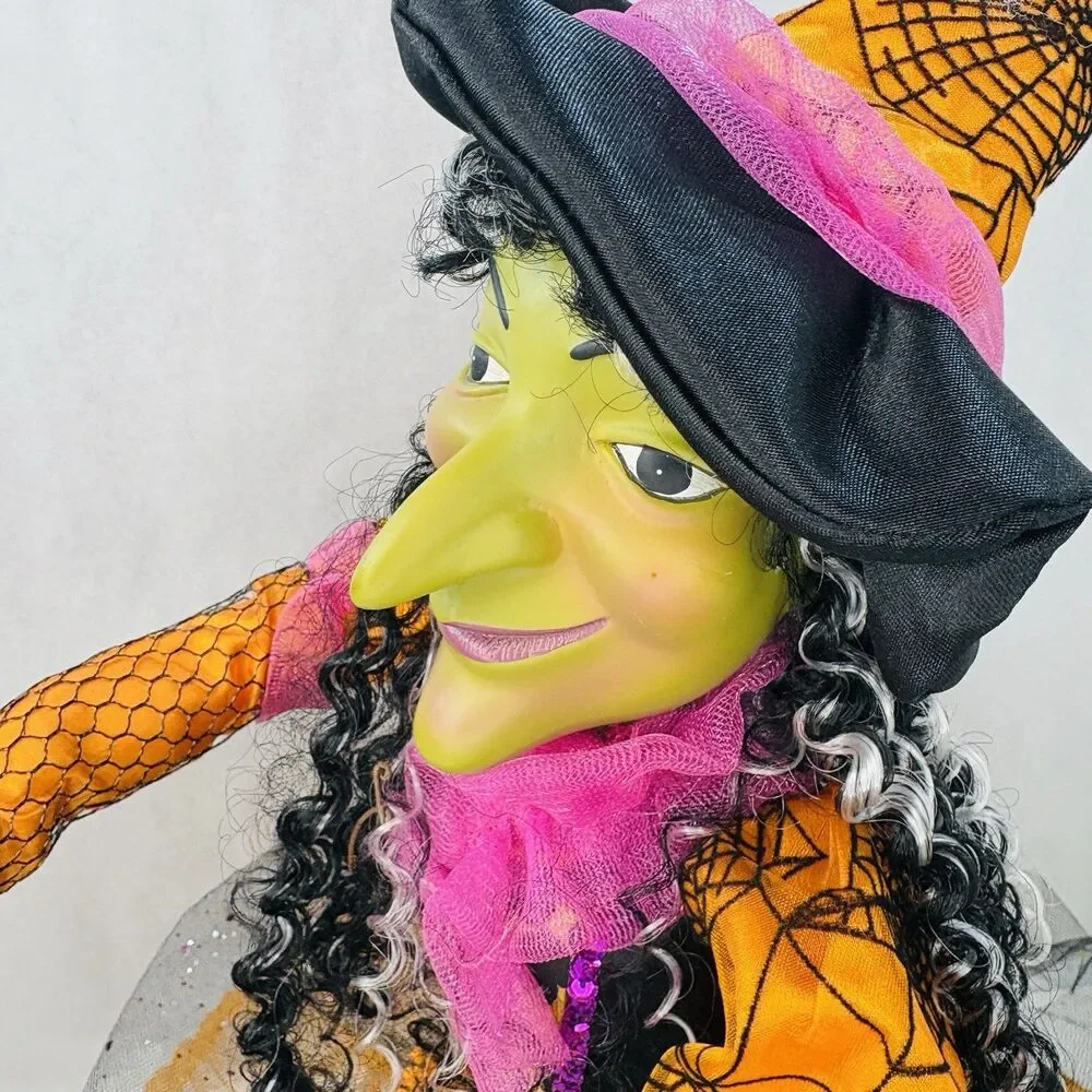 Vintage Halloween Witch Doll Shelf Sitter 30” Decor Orange Black Spooky Cute!